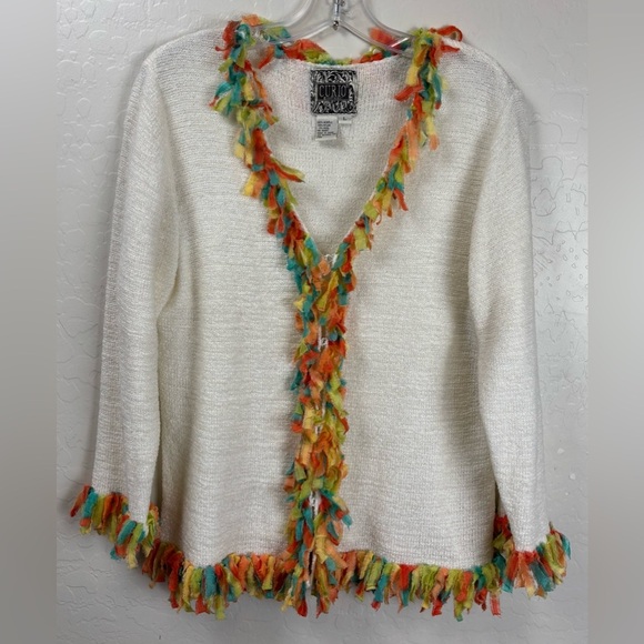 Anthropologie Sweaters - ANTHROPOLOGIE CURIO RAINBOW FRINGE RIBBON CONFETTI CARDIGAN JACKET L CREAM 1090